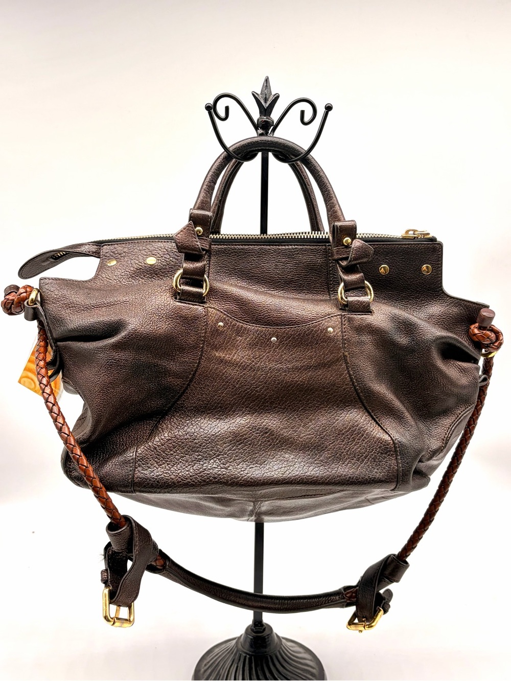 CORTO MOLTEDO Copper Brown Bronze Leather Satchel Crossbody Braided Strap Bag Lg
